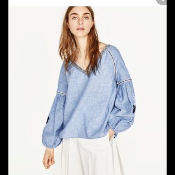 Zara Basics v neck boxy top balloon sleeves in linen cotton chambray size Small - Picture 1 of 6